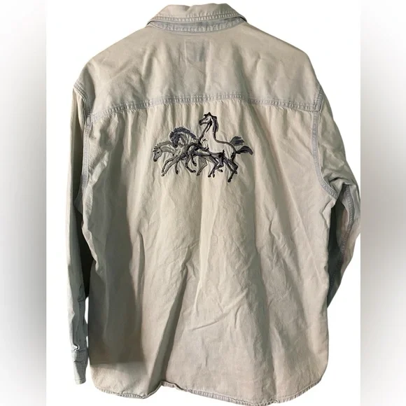 Lee Mens Denim Shirt Size Large Long Sleeve Horse Embroidered Vintage Western - Picture 2 of 6